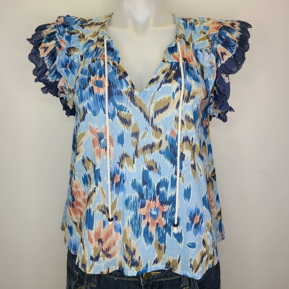 House of Harlow 1960 Zoey Blue Abstract Floral Print Ruffle Sleeve Top Small - Picture 2 of 11